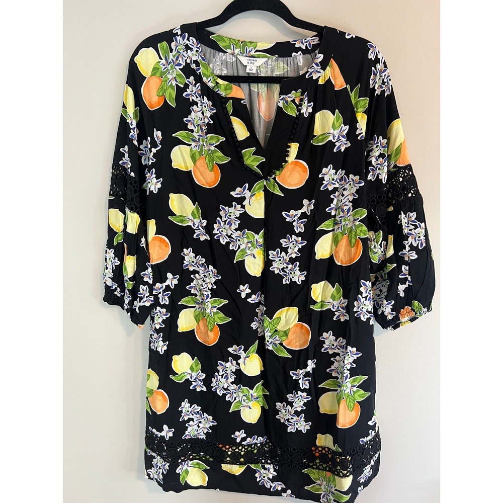 Crown & Ivy Womens Black Lemon Orange Citrus Crochet Lace Tunic Dress Small